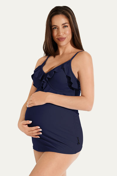 Two Piece V-Neck Ruffle Front Maternity Tankini Dress Navy
