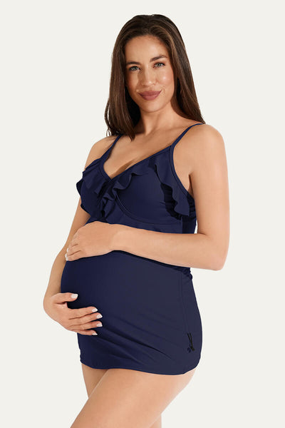 two-piece-v-neck-ruffle-front-maternity-tankini-dress#color_navy