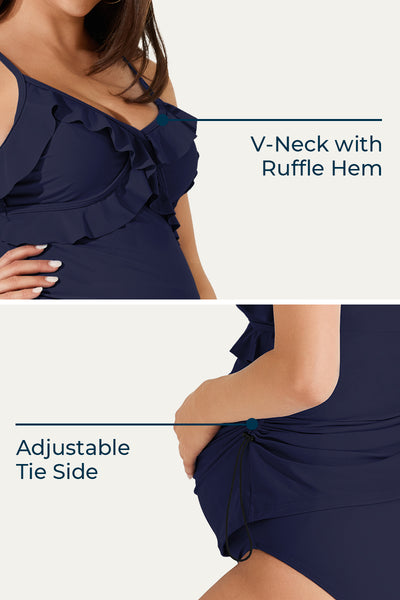 Two Piece V-Neck Ruffle Front Maternity Tankini Dress Navy