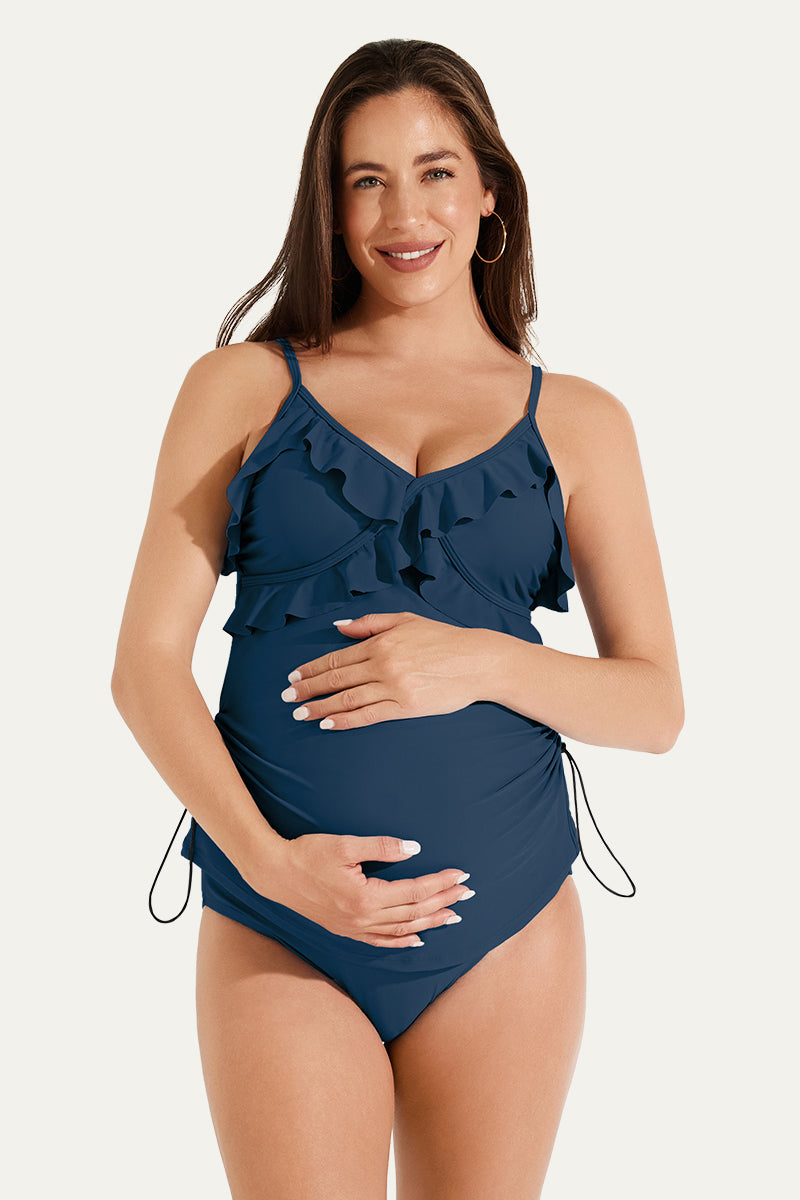 Two Piece V-Neck Ruffle Front Maternity Tankini Dress Denim Blue