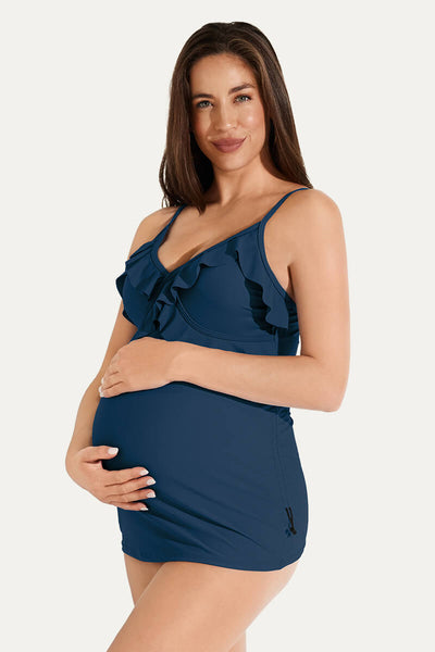 two-piece-v-neck-ruffle-front-maternity-tankini-dress#color_denim-blue