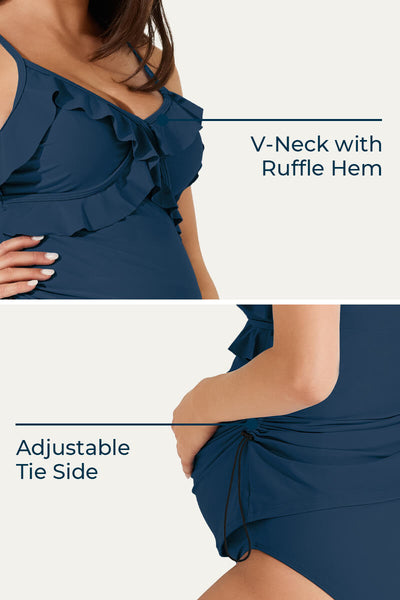 two-piece-v-neck-ruffle-front-maternity-tankini-dress#color_denim-blue