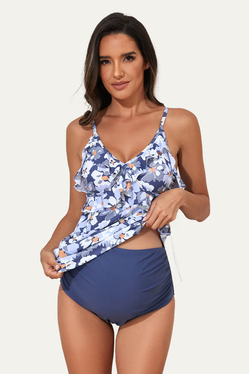 two-piece-v-neck-ruffle-front-maternity-tankini-dress#color_dewdrop-blooms-denim-blue