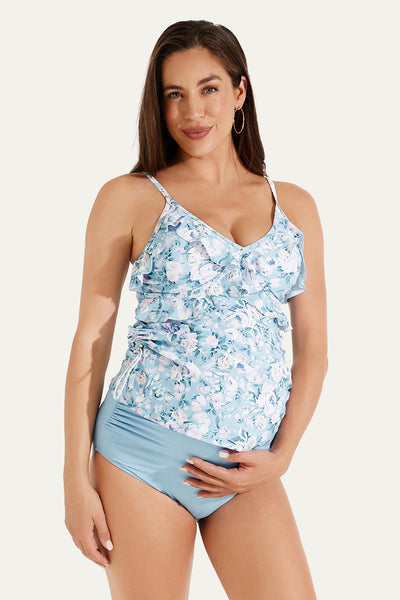 Two Piece V-Neck Ruffle Front Maternity Tankini Dress Pink Roses