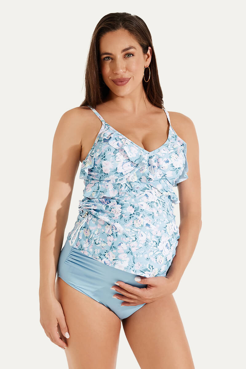 two-piece-v-neck-ruffle-front-maternity-tankini-dress#color_pink-roses-baby-blue