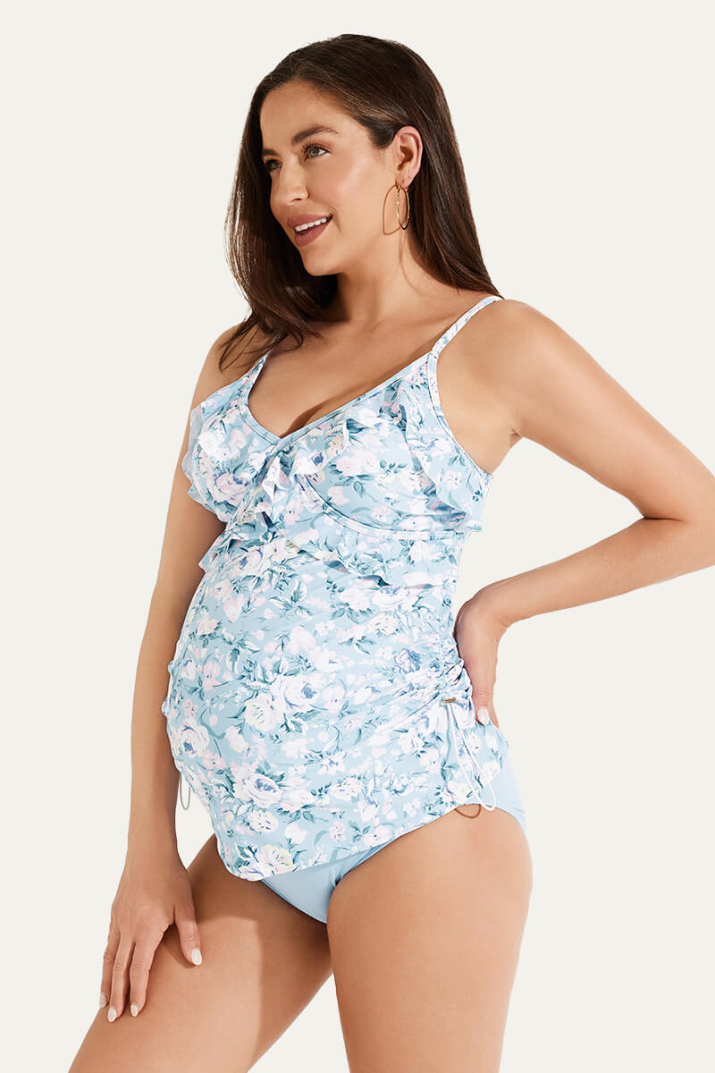 two-piece-v-neck-ruffle-front-maternity-tankini-dress#color_pink-roses-baby-blue