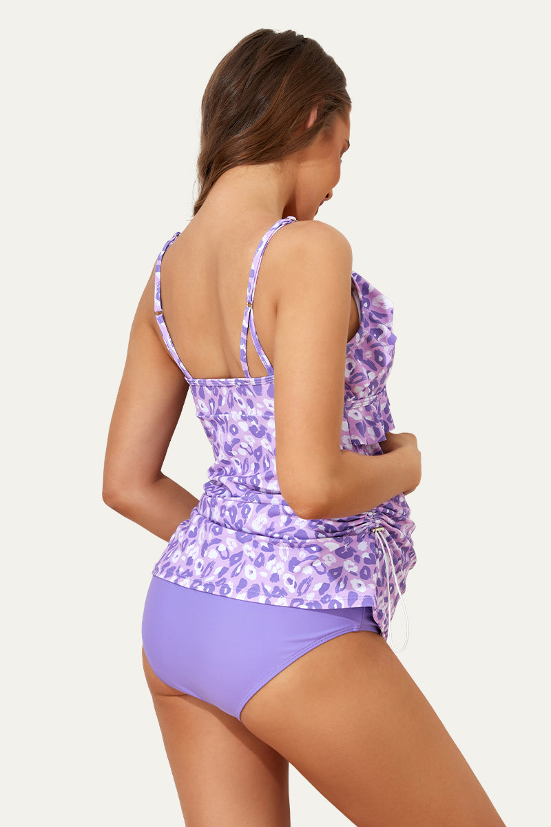 Two Piece V-Neck Ruffle Front Maternity Tankini Dress Purple Spots