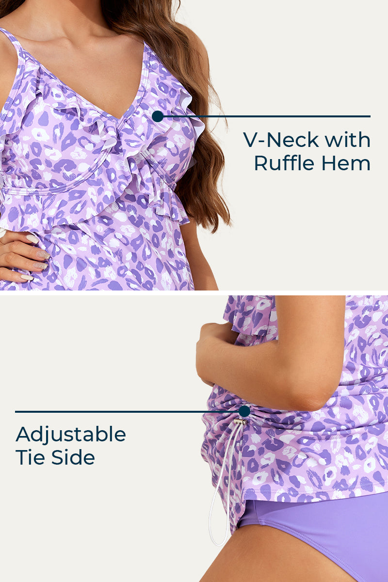 Two Piece V-Neck Ruffle Front Maternity Tankini Dress Purple Spots