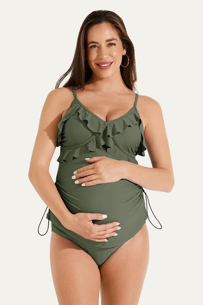 two-piece-v-neck-ruffle-front-maternity-tankini-dress#color_olive