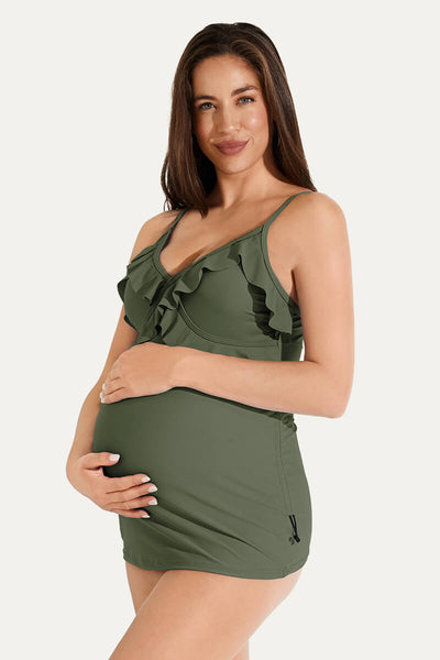 two-piece-v-neck-ruffle-front-maternity-tankini-dress#color_olive