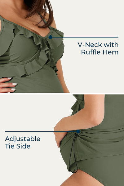 Two Piece V-Neck Ruffle Front Maternity Tankini Dress Olive