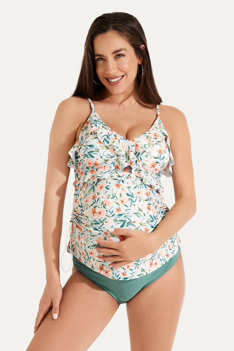 two-piece-v-neck-ruffle-front-maternity-tankini-dress#color_prairie-doodle-pine-green