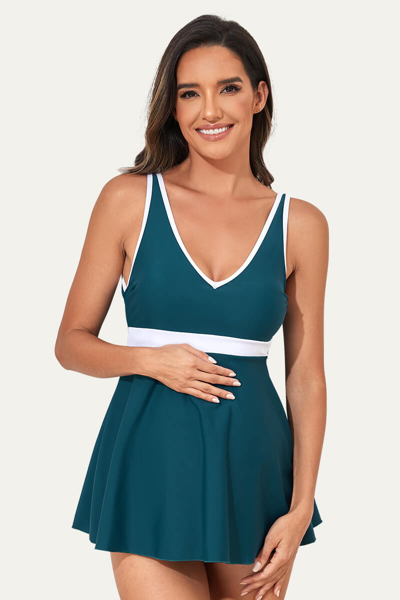 sexy-low-back-v-neck-one-piece-maternity-swim-dress#color_pine-green-white