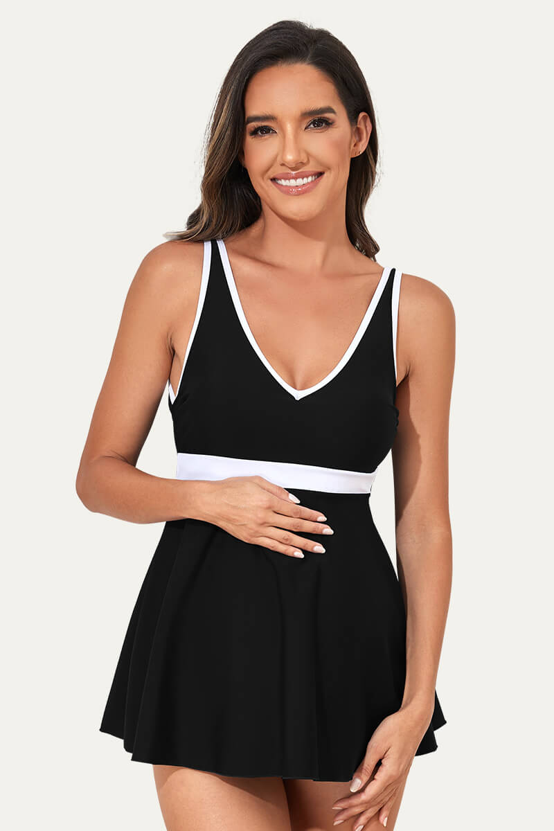 sexy-low-back-v-neck-one-piece-maternity-swim-dress#color_black-white