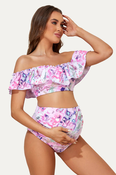 flounce-off-shoulder-maternity-bathing-suit-two-piece-bikini-set#color_illusory-geometry