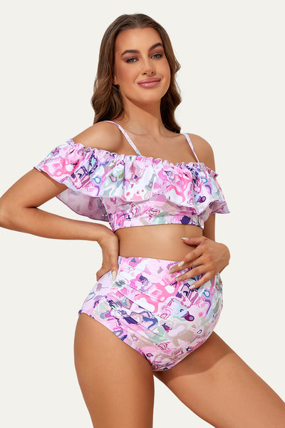 Flounce Off Shoulder Maternity Bathing Suit | Two Piece Bikini Set Illusory Geometry