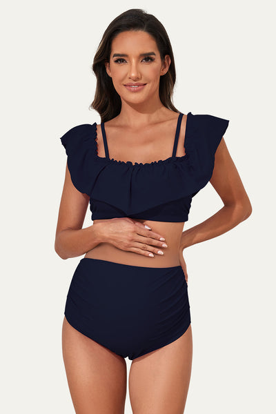 Flounce Off Shoulder Maternity Bathing Suit | Two Piece Bikini Set Navy