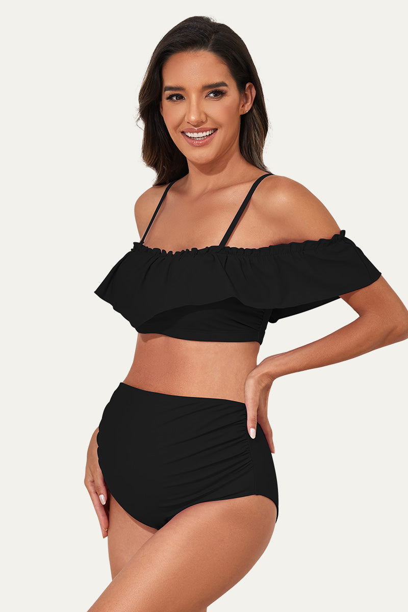 Flounce Off Shoulder Maternity Bathing Suit | Two Piece Bikini Set Black