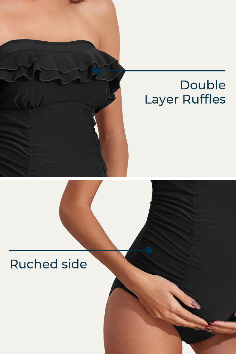 One Piece Double Layer Ruffles Pregnancy Swimwear Black
