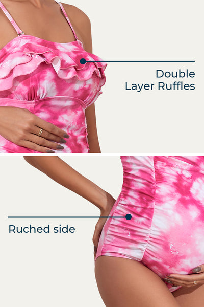 One Piece Double Layer Ruffles Pregnancy Swimwear Peachy Blush