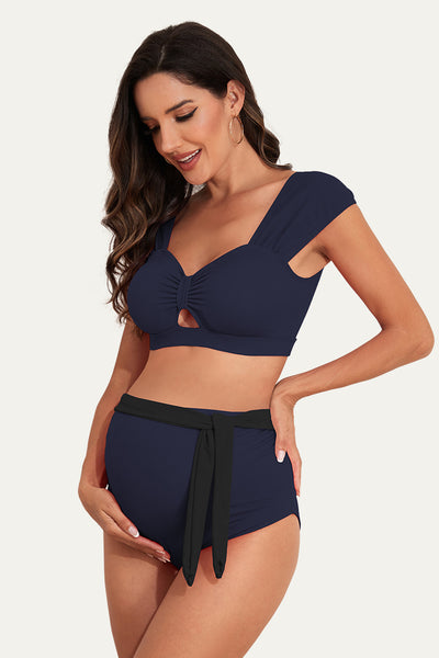 Two Piece Bow Tie Cutout Cute Maternity Swimsuit Navy