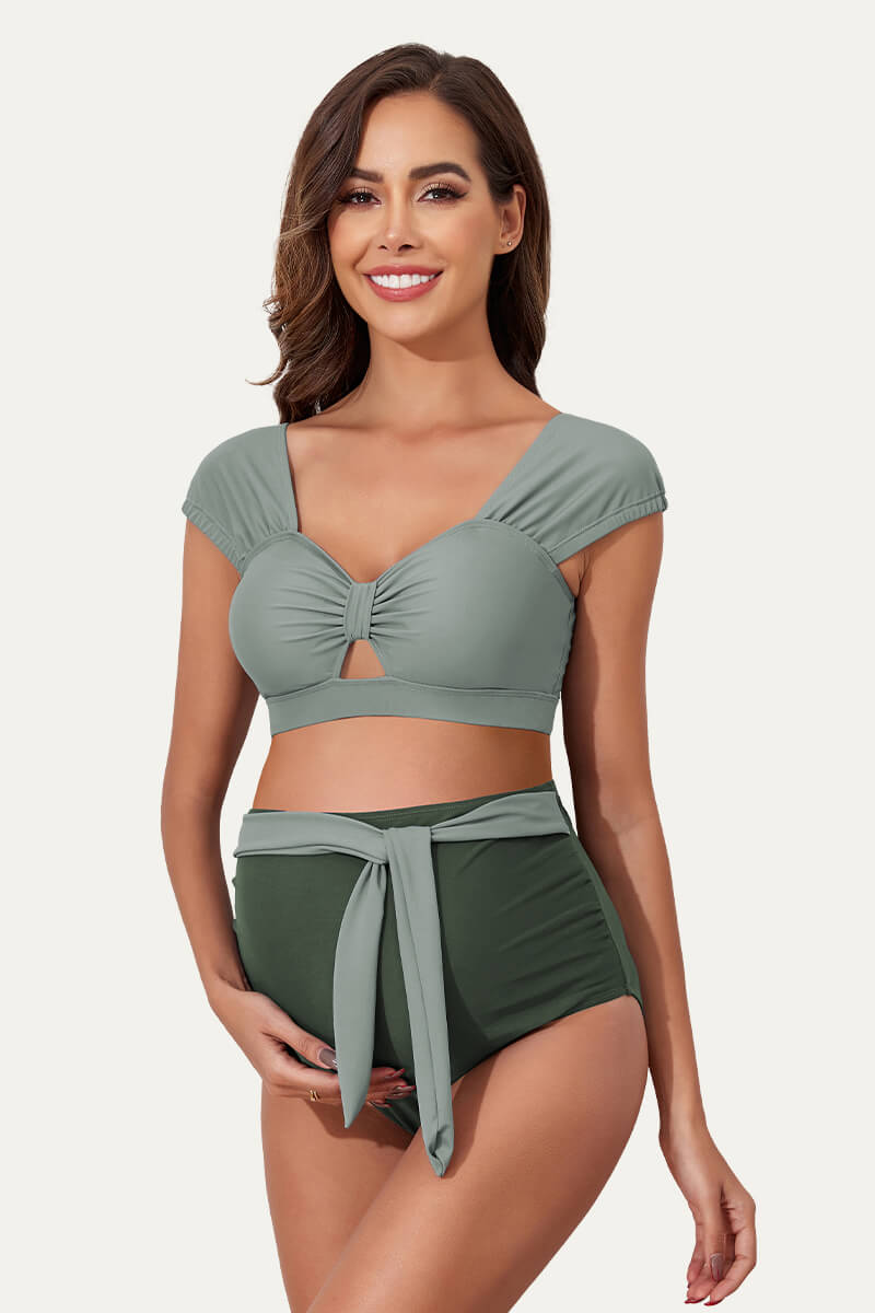 two-piece-bow-tie-cutout-cute-maternity-swimsuit#color_mint-olive