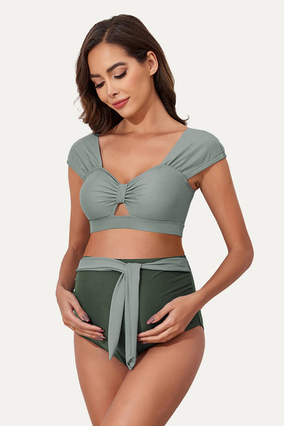 two-piece-bow-tie-cutout-cute-maternity-swimsuit#color_mint-olive