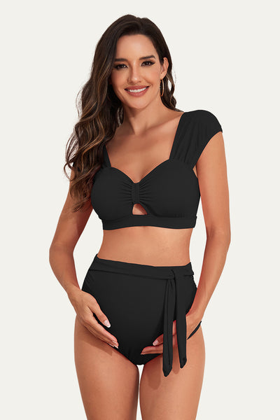 Two Piece Bow Tie Cutout Cute Maternity Swimsuit Black
