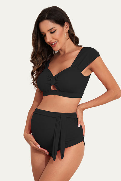 Two Piece Bow Tie Cutout Cute Maternity Swimsuit Black