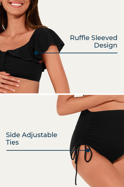 two-piece-ruffle-sleeved-side-tie-maternity-swimwear#color_black