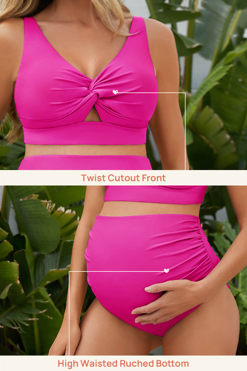 high-waisted-ruched-maternity-two-piece-bikini-with-twist-cutout#color_hot-pink
