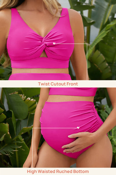 high-waisted-ruched-maternity-two-piece-bikini-with-twist-cutout#color_hot-pink
