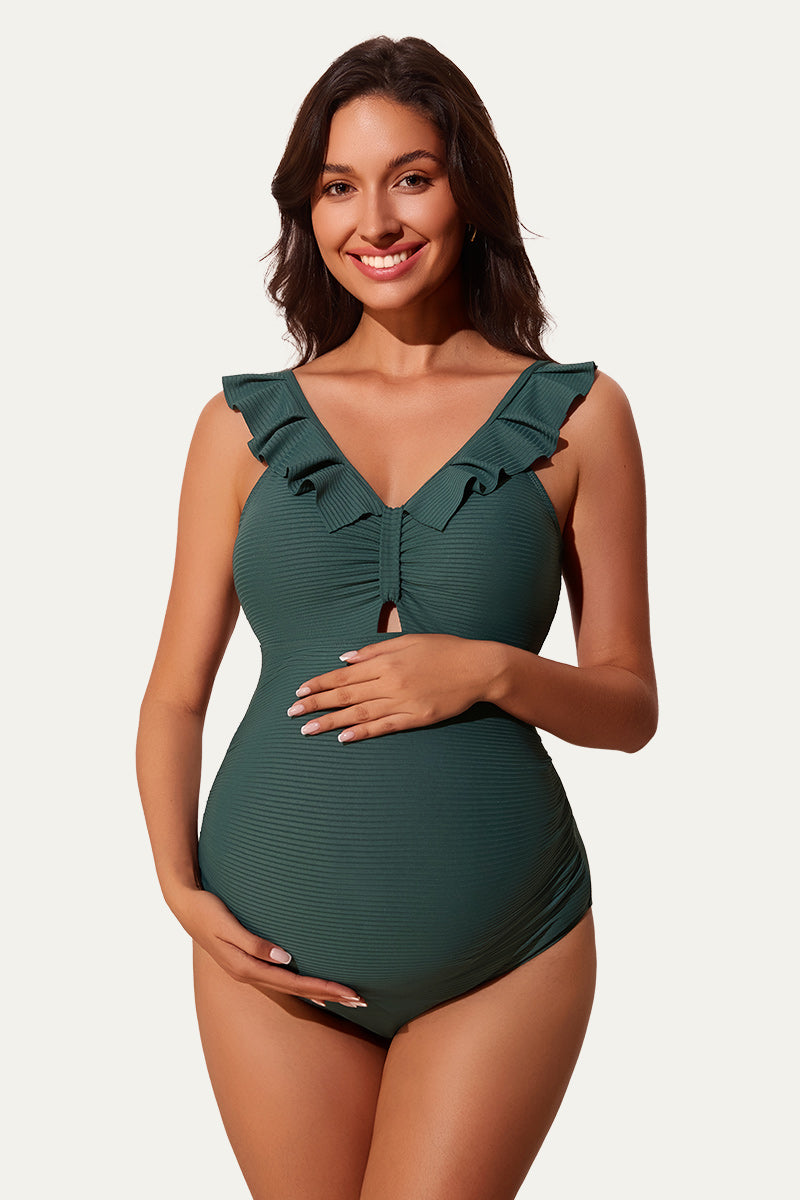 Maternity One-Piece Swimsuit - Ruffle Sleeves, Cutout Design, Tie-Knot Front (Pregnancy Swimwear)