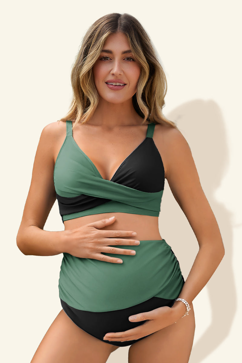 maternity-color-block-criss-cross-v-neck-bikini-high-waist-two-piece#color_black-mintgreen