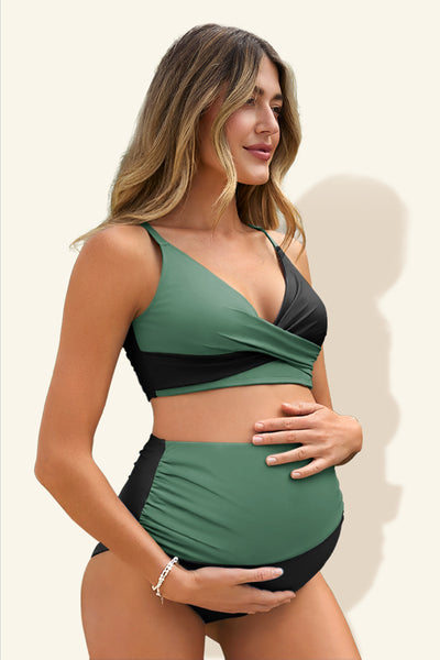 maternity-color-block-criss-cross-v-neck-bikini-high-waist-two-piece#color_black-mintgreen
