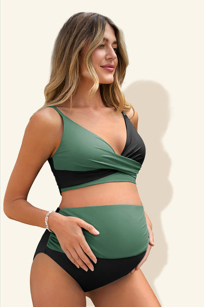maternity-color-block-criss-cross-v-neck-bikini-high-waist-two-piece#color_black-mintgreen