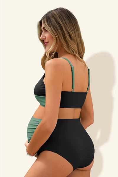 maternity-color-block-criss-cross-v-neck-bikini-high-waist-two-piece#color_black-mintgreen