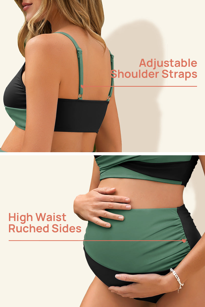 maternity-color-block-criss-cross-v-neck-bikini-high-waist-two-piece#color_black-mintgreen