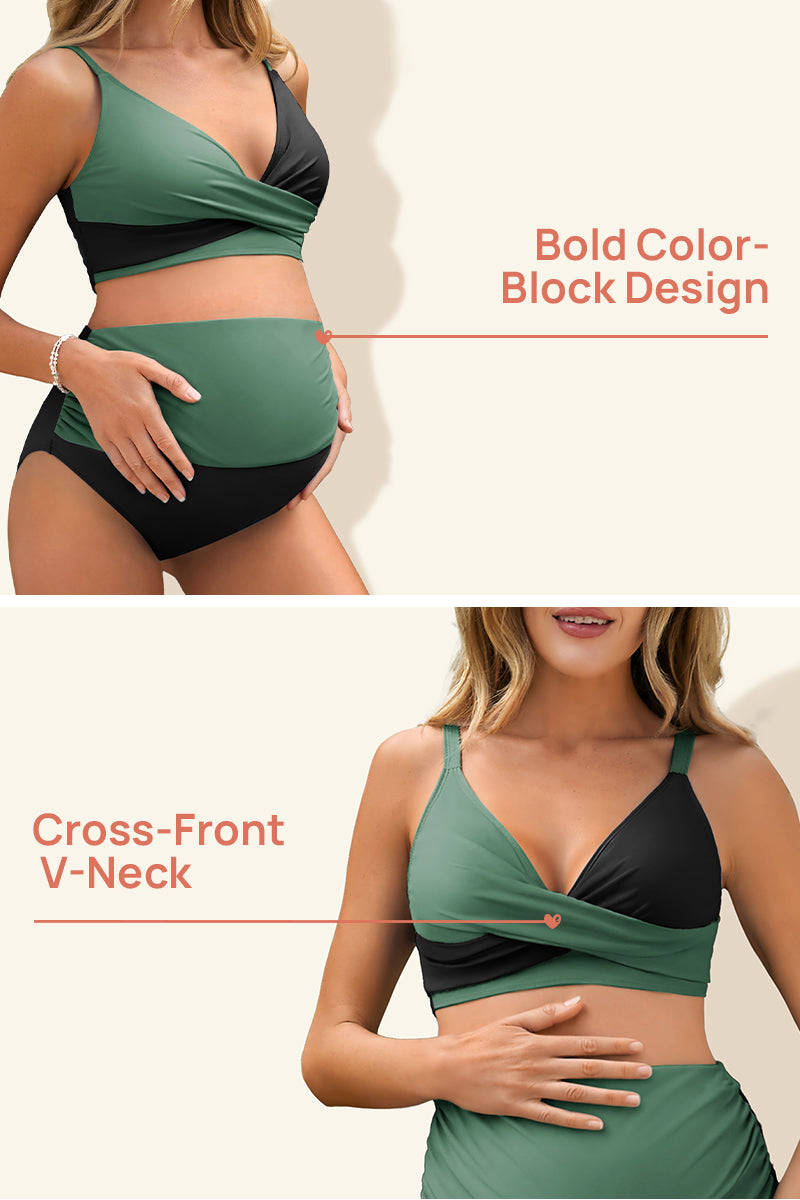 maternity-color-block-criss-cross-v-neck-bikini-high-waist-two-piece#color_black-mintgreen