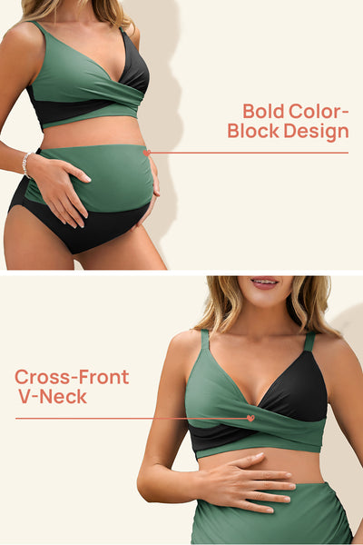 maternity-color-block-criss-cross-v-neck-bikini-high-waist-two-piece#color_black-mintgreen