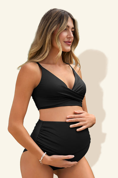 maternity-color-block-criss-cross-v-neck-bikini-high-waist-two-piece#color_black