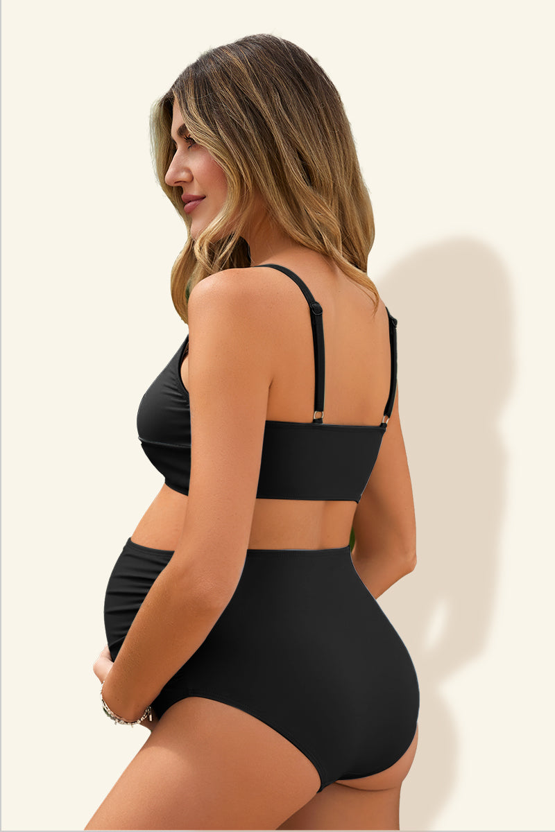 maternity-color-block-criss-cross-v-neck-bikini-high-waist-two-piece#color_black