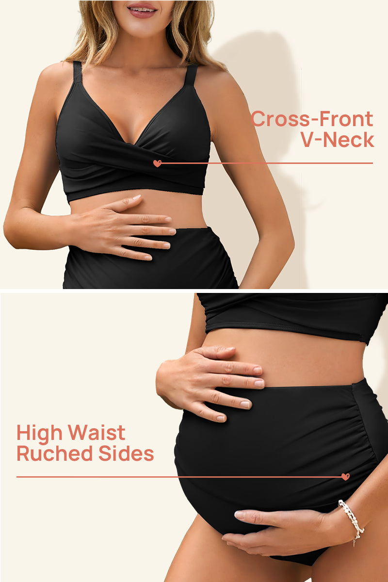 maternity-color-block-criss-cross-v-neck-bikini-high-waist-two-piece#color_black