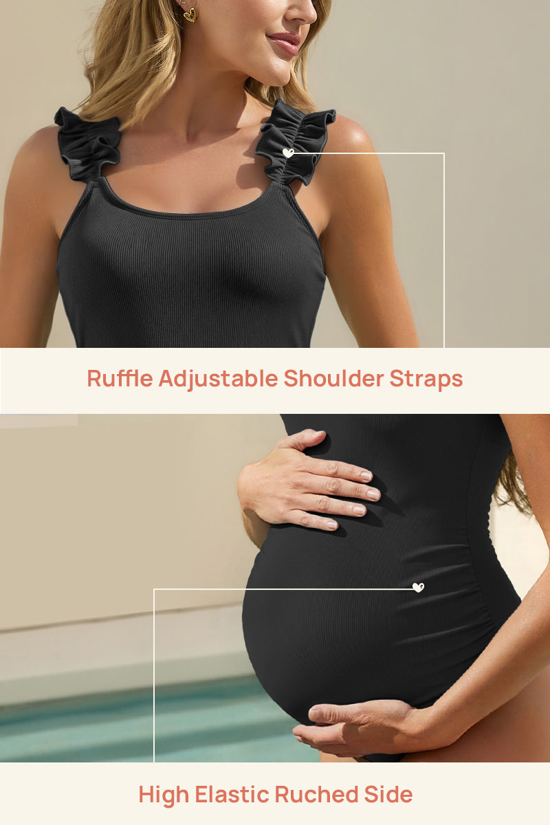 ribbed-maternity-one-piece-swimsuit-with-ruffle-scoop-neck#color_black