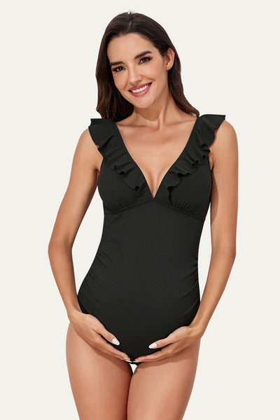 Ruffled One Piece Maternity Swimsuit With Lace-Up Back Plus Size