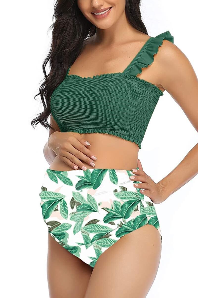 Green Ruffled Smocked Top High Waisted Maternity Bikini Set
