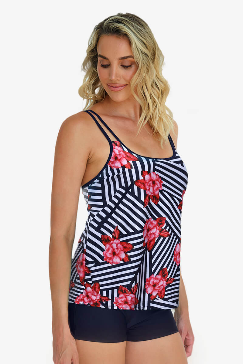 womens-two-piece-round-neckline-athletic-tankini-swimsuits-with-shorts#color_navy-bloom-navy