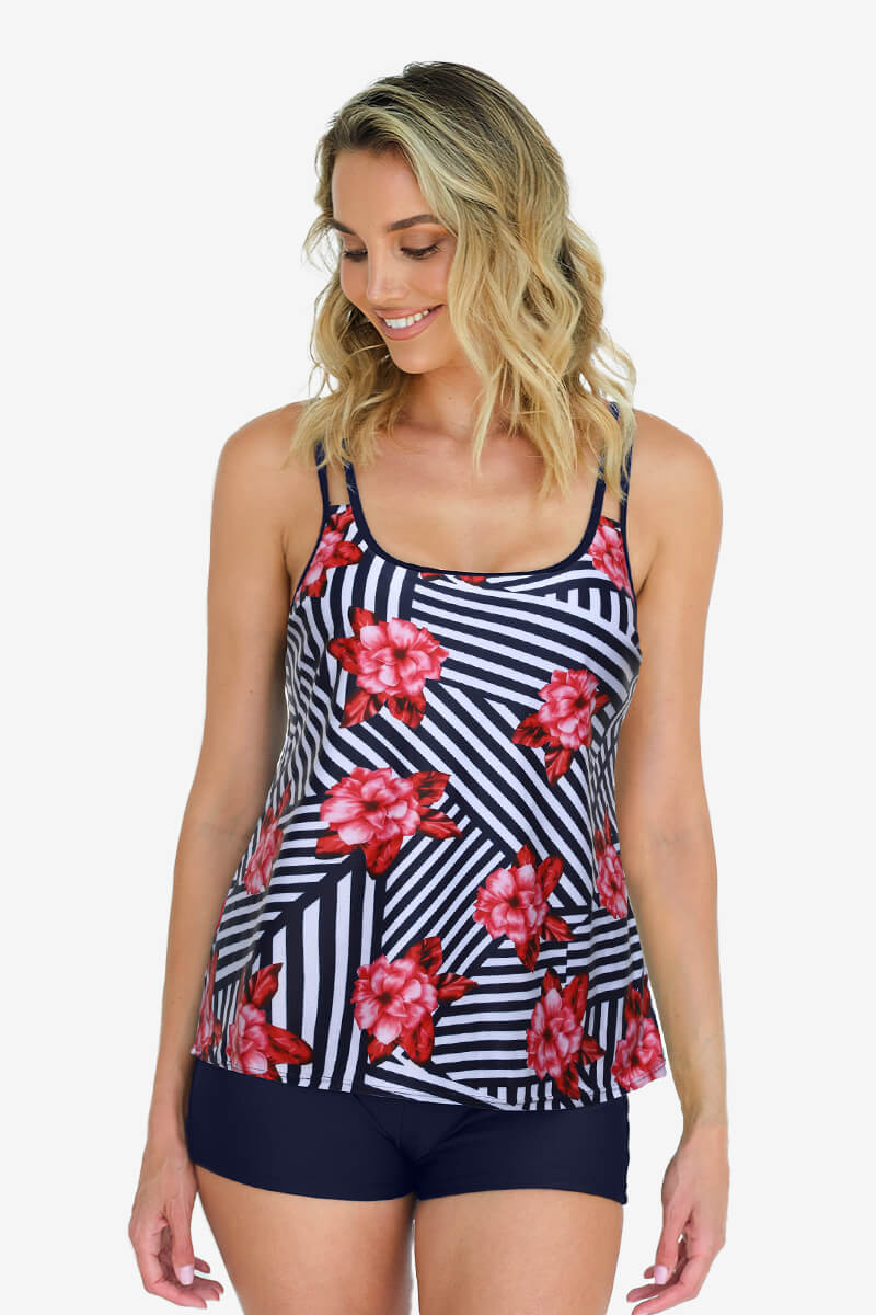 womens-two-piece-round-neckline-athletic-tankini-swimsuits-with-shorts#color_navy-bloom-navy