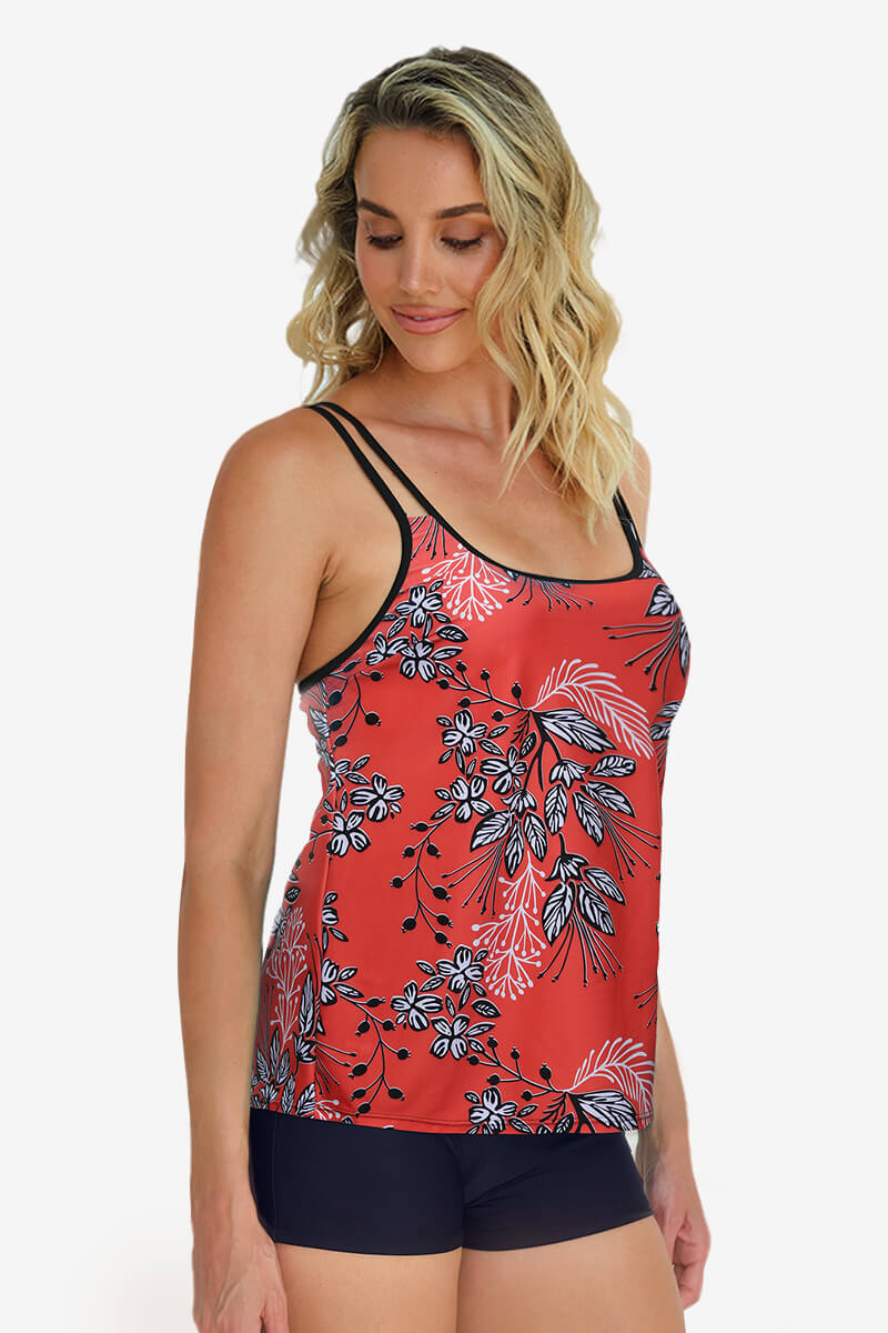 womens-two-piece-round-neckline-athletic-tankini-swimsuits-with-shorts#color_red-very-berry-black