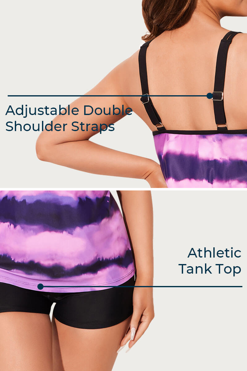 womens-two-piece-round-neckline-athletic-tankini-swimsuits-with-shorts#color_tie-dye-space-black